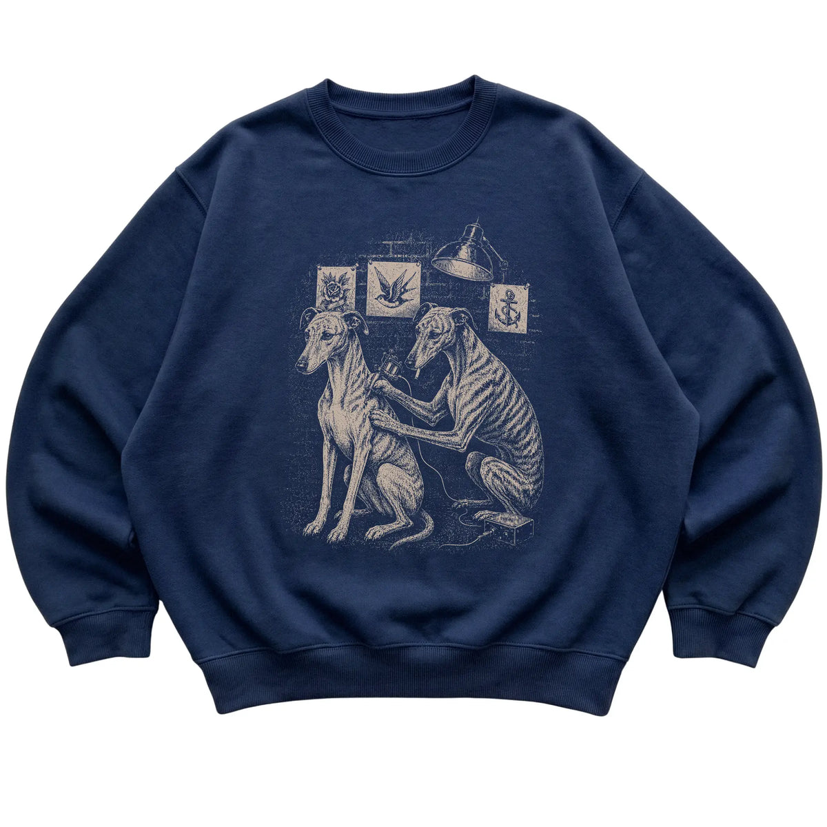 Navy Greyhound Dog Tattoo Artist shirt laid flat