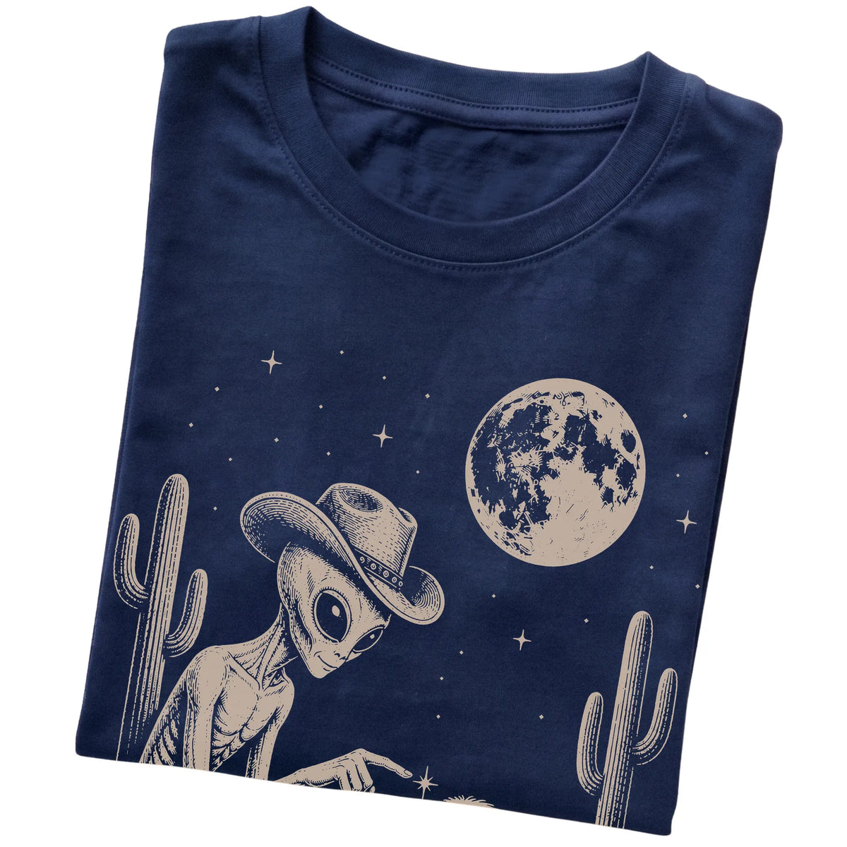 Navy T-shirt featuring Havanese Cowboy and Alien, folded presentation