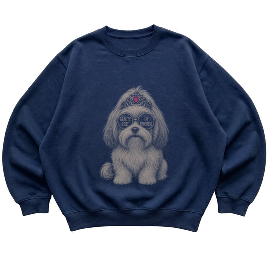 Navy Havanese Beauty Rest In Progress T-Shirt laid flat