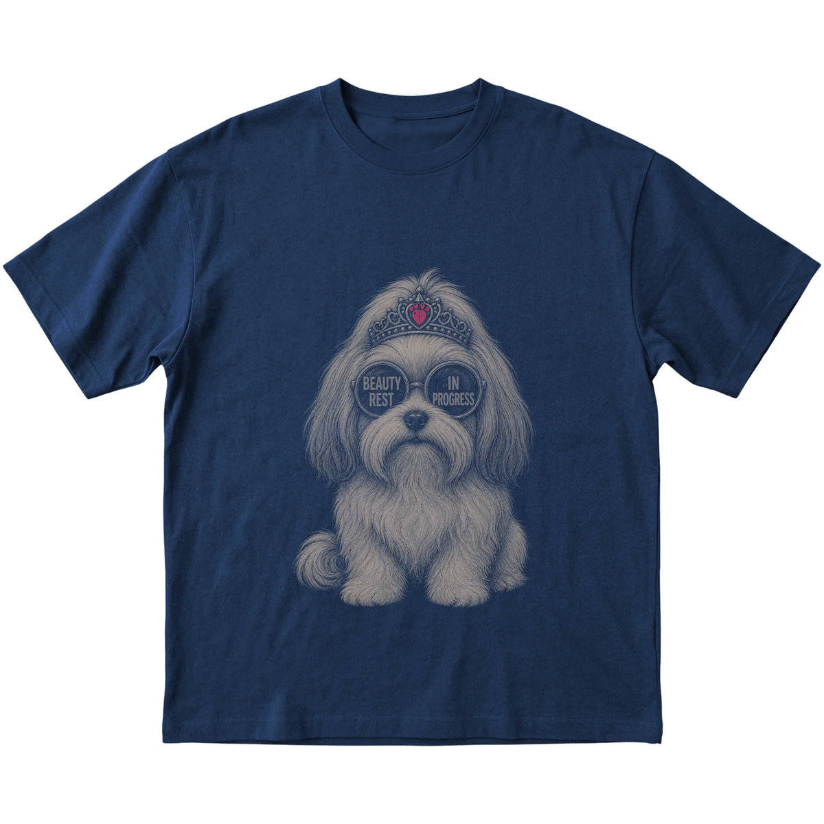 Navy Havanese Beauty Rest In Progress T-Shirt laid flat