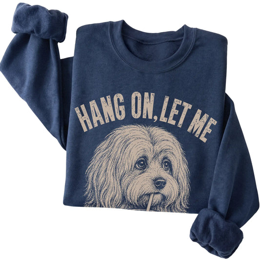 Navy crewneck sweatshirt featuring Overthinking Havanese, folded presentation
