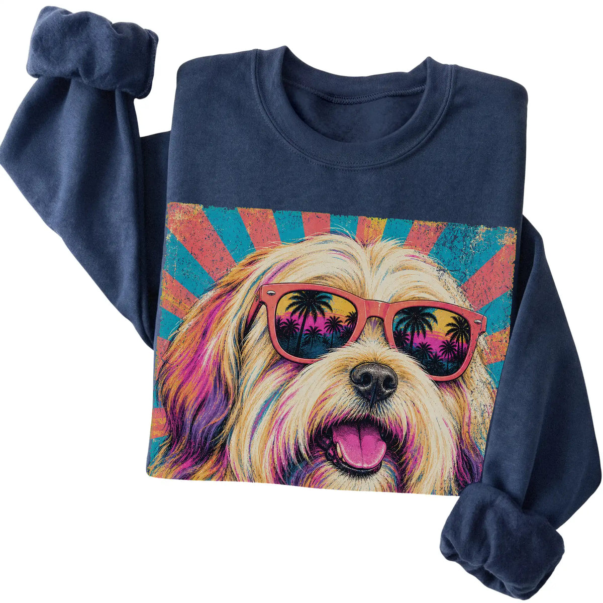 Folded Navy crewneck sweatshirt with a Retro Havanese Mama design