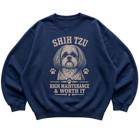 Navy crewneck sweatshirt featuring High Maintenance & Worth It - Shih Tzu, laid-flat presentation