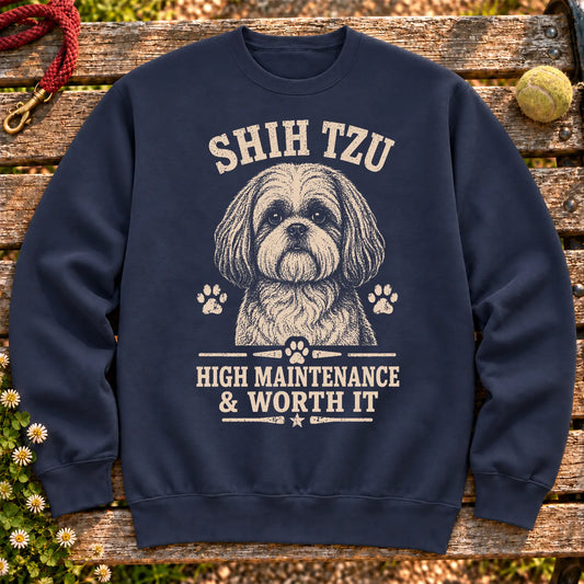 Navy crewneck sweatshirt featuring High Maintenance & Worth It - Shih Tzu, laid-flat presentation