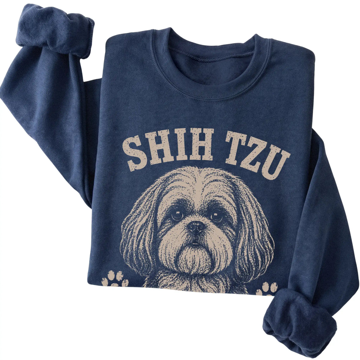 Navy crewneck sweatshirt featuring High Maintenance & Worth It - Shih Tzu, folded presentation