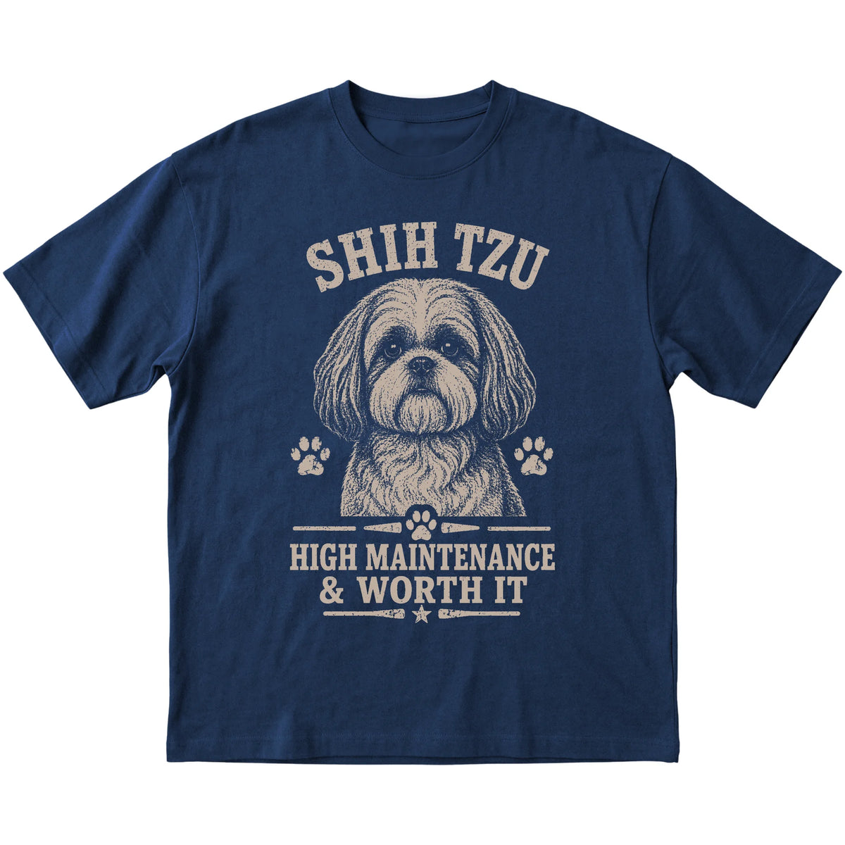 Navy T-shirt featuring High Maintenance & Worth It - Shih Tzu, laid-flat presentation