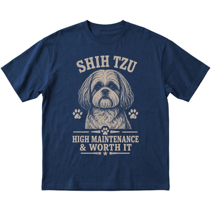 Navy T-shirt featuring High Maintenance & Worth It - Shih Tzu, laid-flat presentation