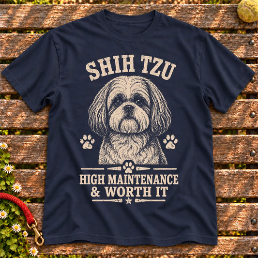Navy T-shirt featuring High Maintenance & Worth It - Shih Tzu, laid-flat presentation