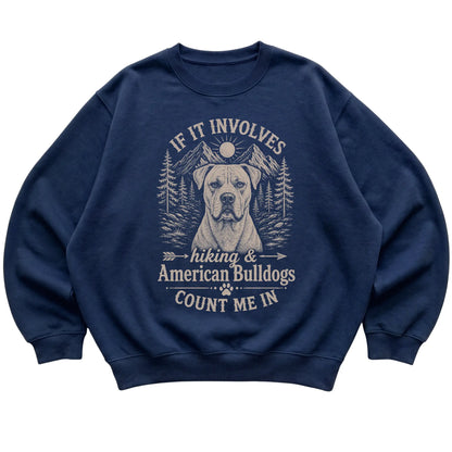Navy Hiking and American Bulldogs sweatshirt laid flat