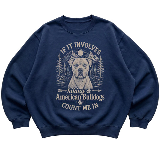 Navy Hiking and American Bulldogs sweatshirt laid flat