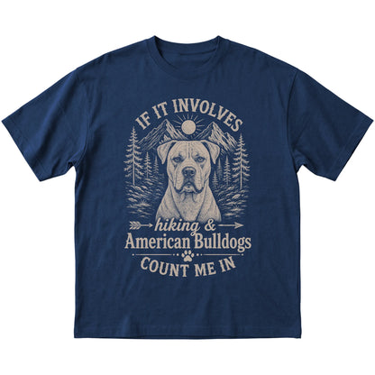 Navy Hiking and American Bulldogs T-shirt laid flat