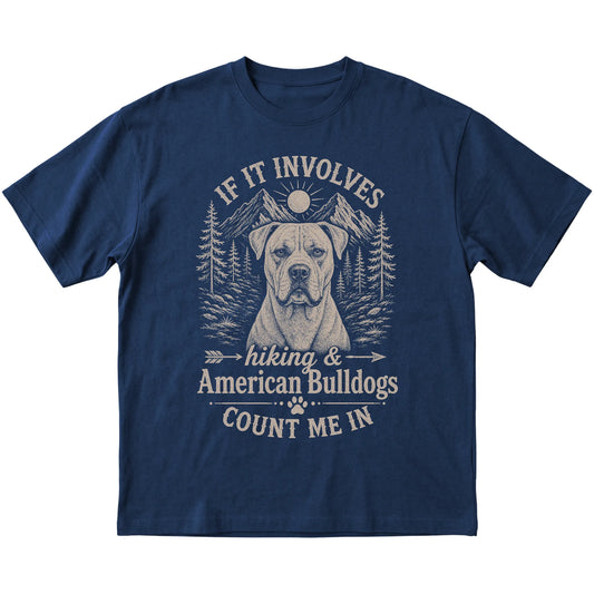 Navy Hiking and American Bulldogs T-shirt laid flat
