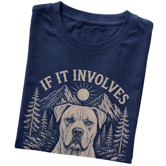 Navy Hiking and American Bulldogs T-shirt folded to show the printed design