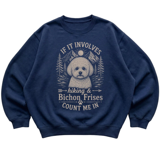 Navy Hiking and Bichon Frises sweatshirt laid flat