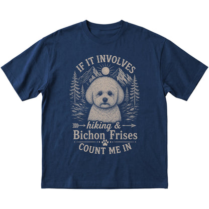 Navy Hiking and Bichon Frises T-shirt laid flat