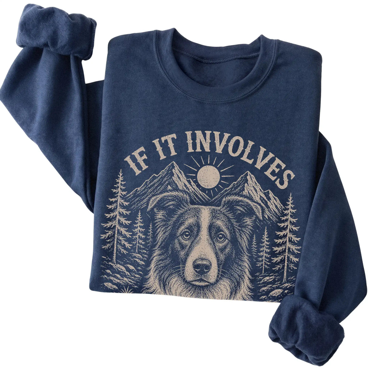 Navy Hiking and Border Collies sweatshirt folded to show the printed design