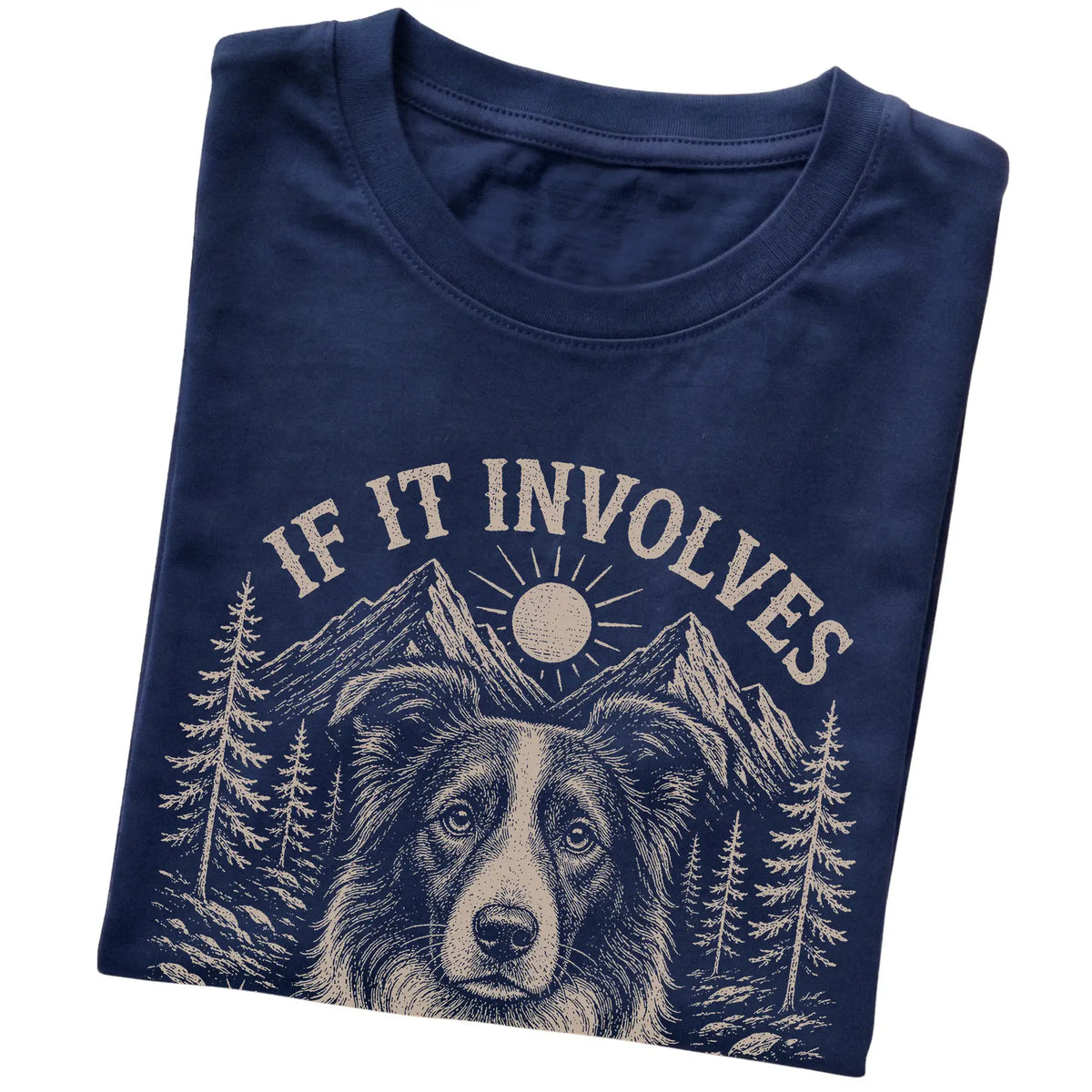 Navy Hiking and Border Collies T-shirt folded to show the printed design
