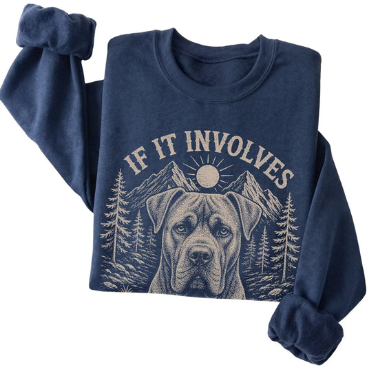 Navy Hiking and Cane Corsos sweatshirt folded to show the printed design