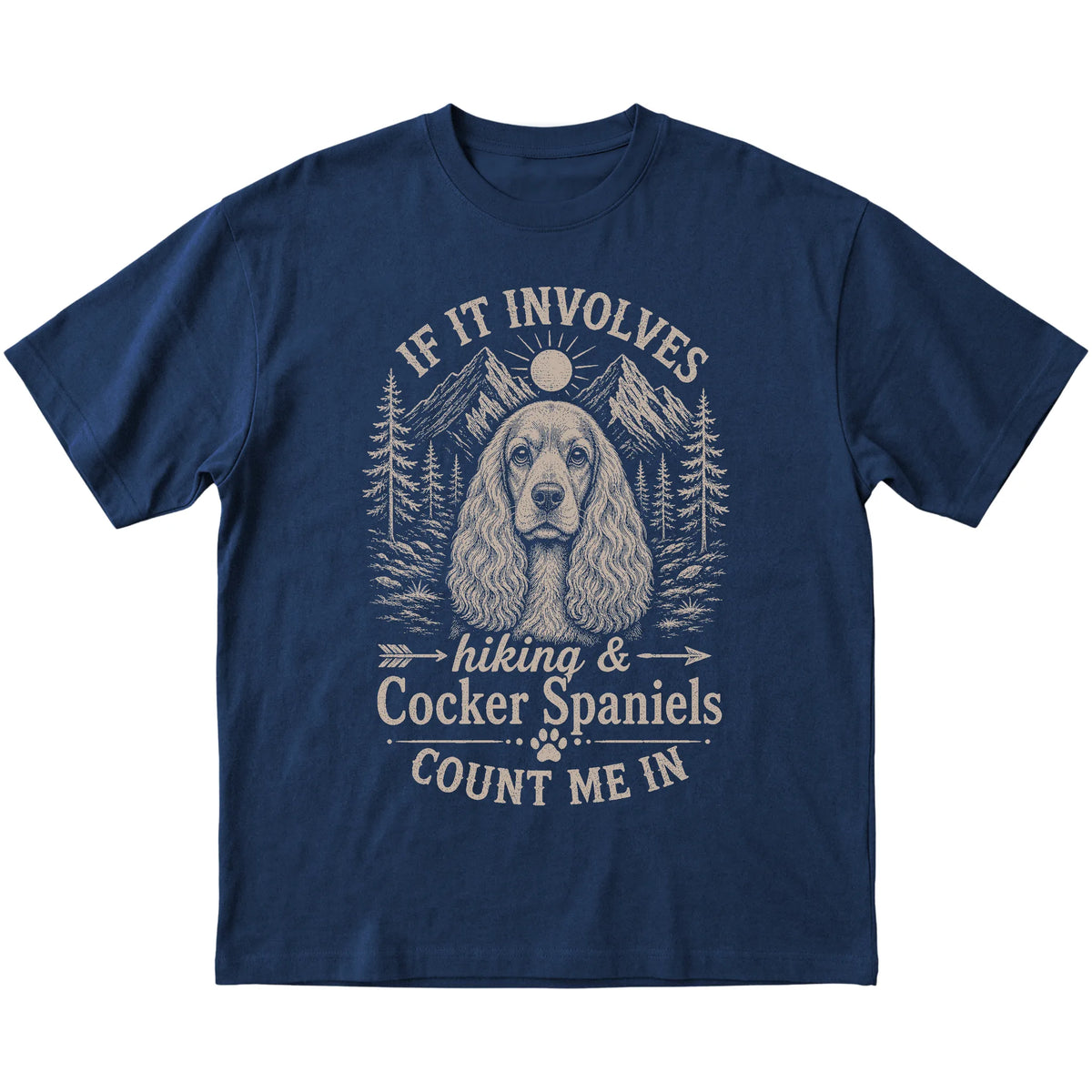 Navy Hiking and Cocker Spaniels T-shirt laid flat