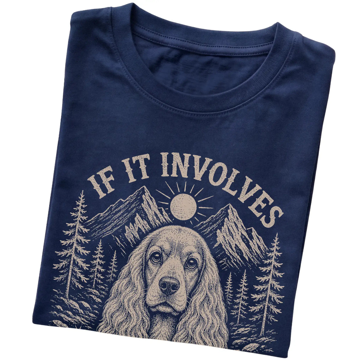 Navy Hiking and Cocker Spaniels T-shirt folded to show the printed design