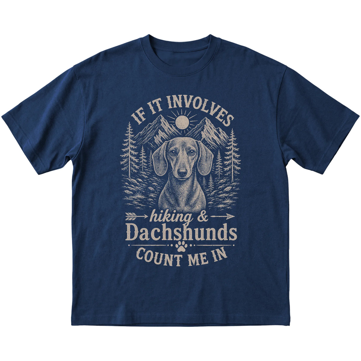 Navy Hiking and Dachshunds T-shirt laid flat