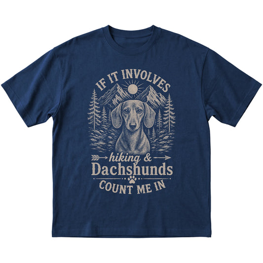 Navy Hiking and Dachshunds T-shirt laid flat