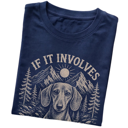 Navy Hiking and Dachshunds T-shirt folded to show the printed design