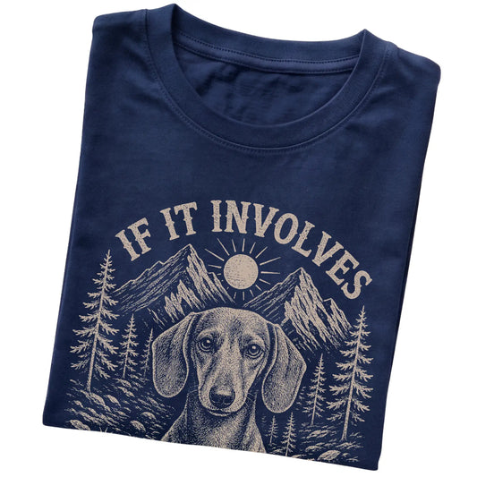 Navy Hiking and Dachshunds T-shirt folded to show the printed design