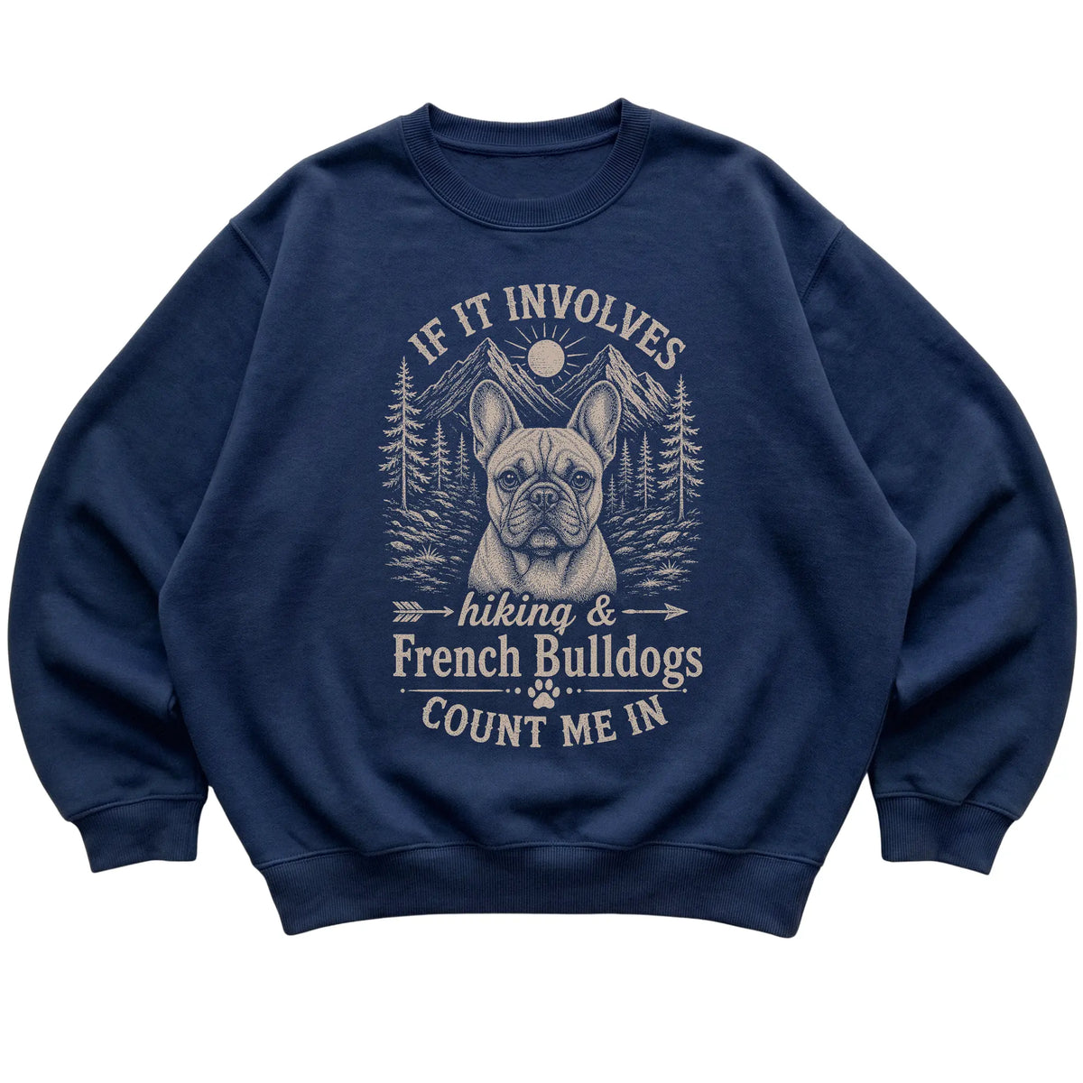 Navy Hiking and French Bulldogs sweatshirt laid flat