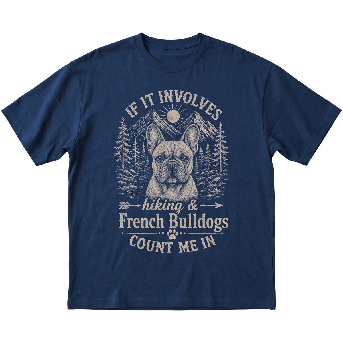 Navy Hiking and French Bulldogs T-shirt laid flat