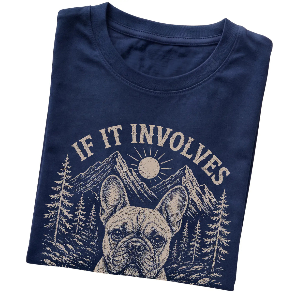 Navy Hiking and French Bulldogs T-shirt folded to show the printed design