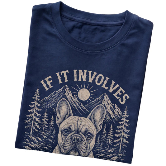 Navy Hiking and French Bulldogs T-shirt folded to show the printed design