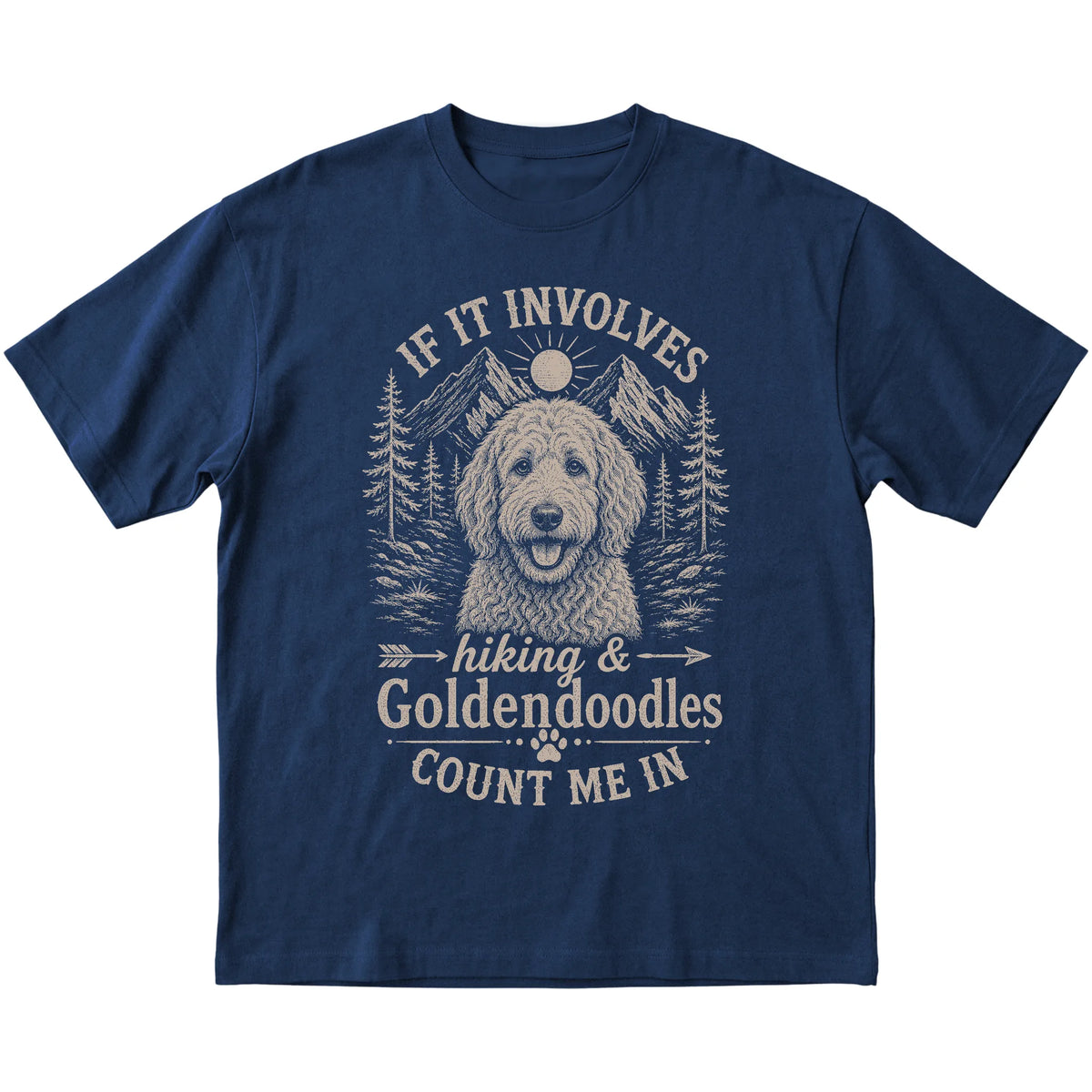 Navy Hiking and Goldendoodles T-shirt laid flat