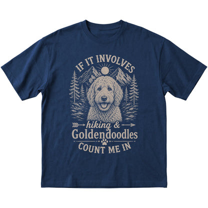 Navy Hiking and Goldendoodles T-shirt laid flat
