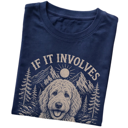 Navy Hiking and Goldendoodles T-shirt folded to show the printed design