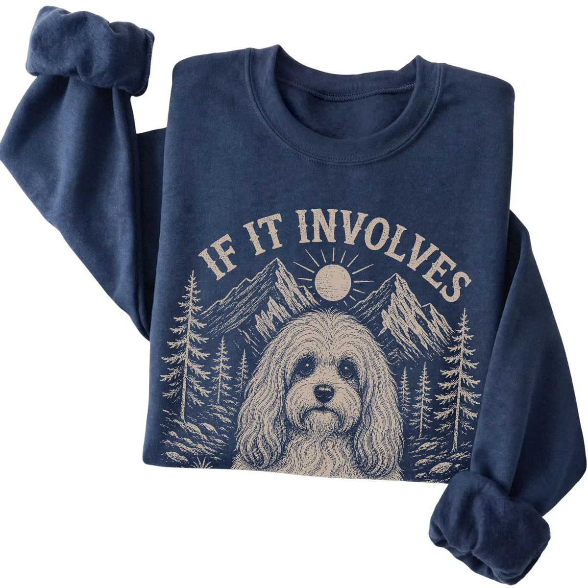 Navy Hiking and Havanese sweatshirt folded to show the printed design