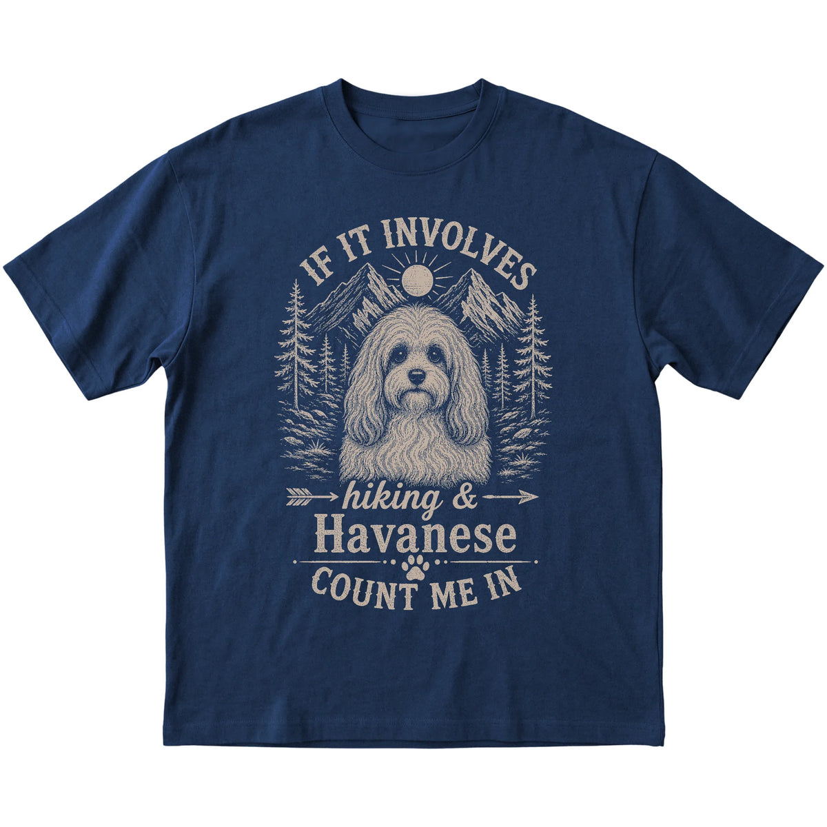 Navy Hiking and Havanese T-shirt laid flat