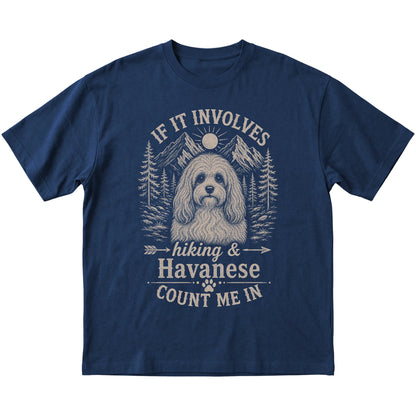 Navy Hiking and Havanese T-shirt laid flat