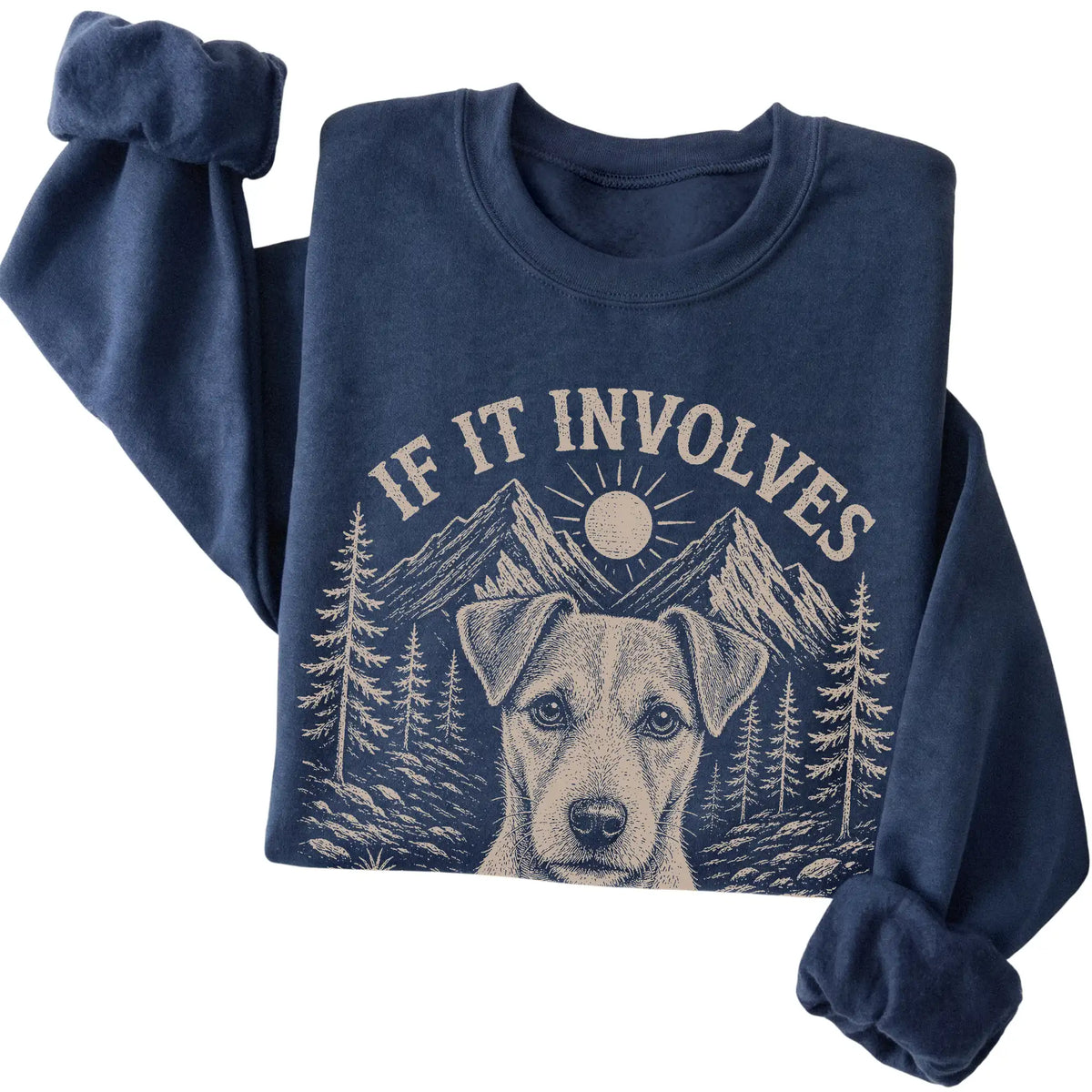 Navy Hiking and Jack Russells sweatshirt folded to show the printed design