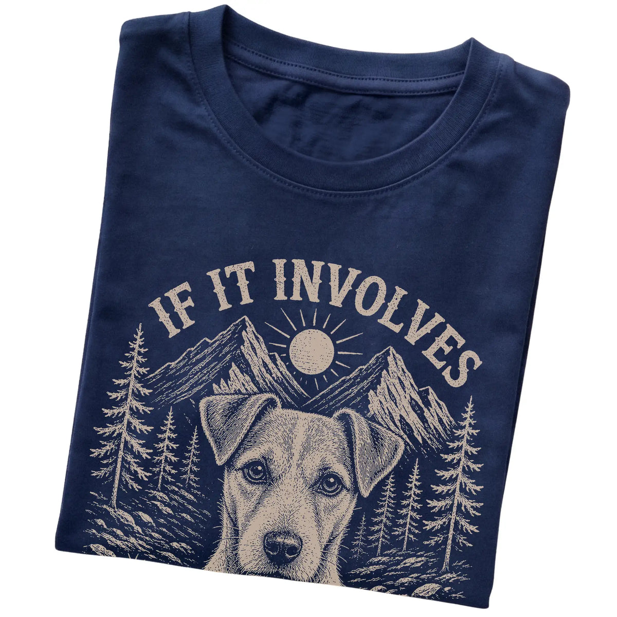 Navy Hiking and Jack Russells T-shirt folded to show the printed design