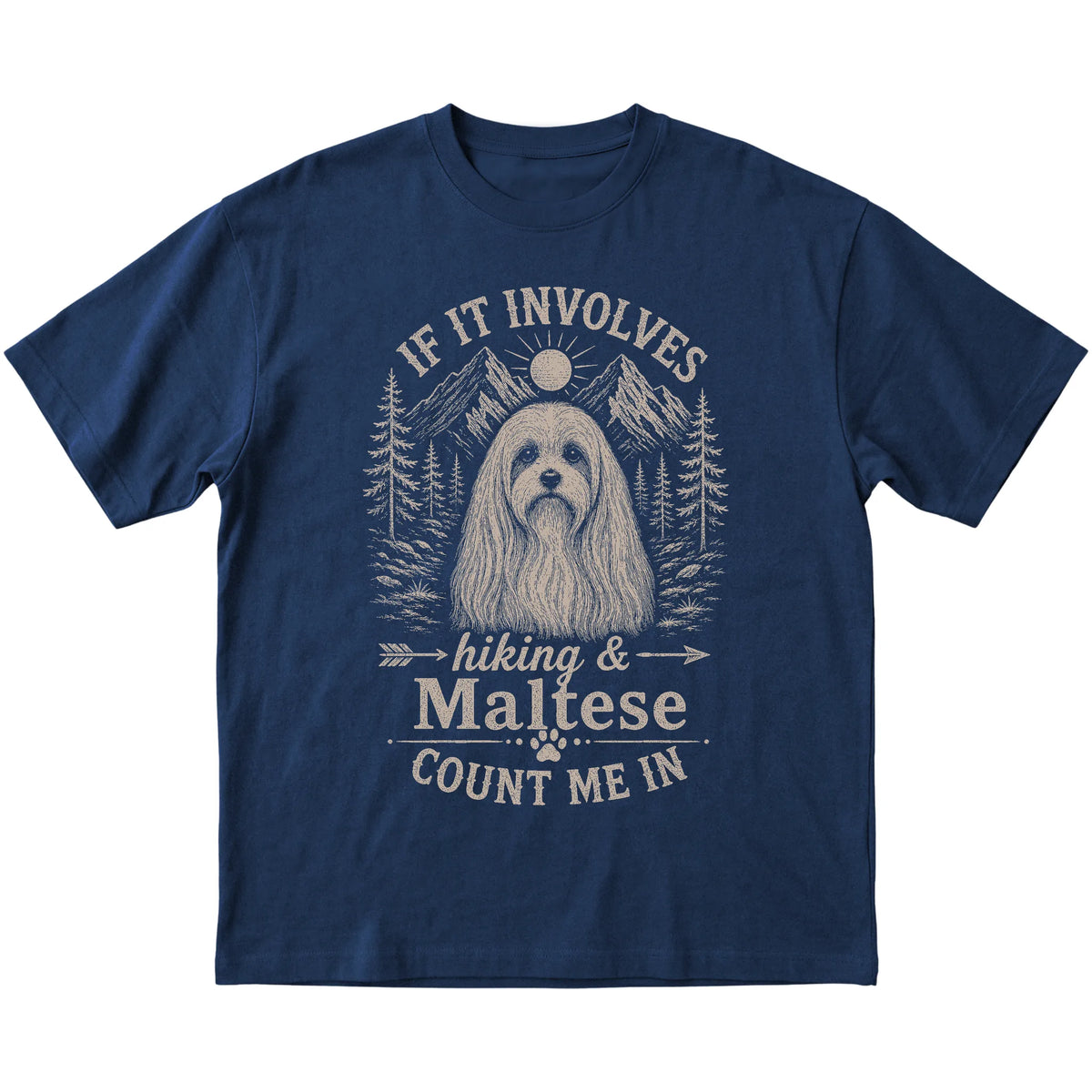 Navy Hiking and Maltese T-shirt laid flat