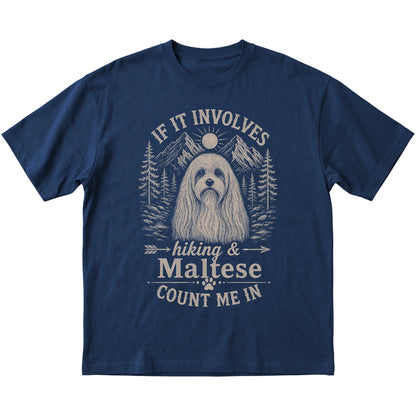 Navy Hiking and Maltese T-shirt laid flat