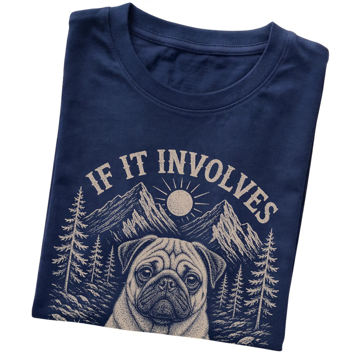 Navy Hiking and Pugs T-shirt folded to show the printed design
