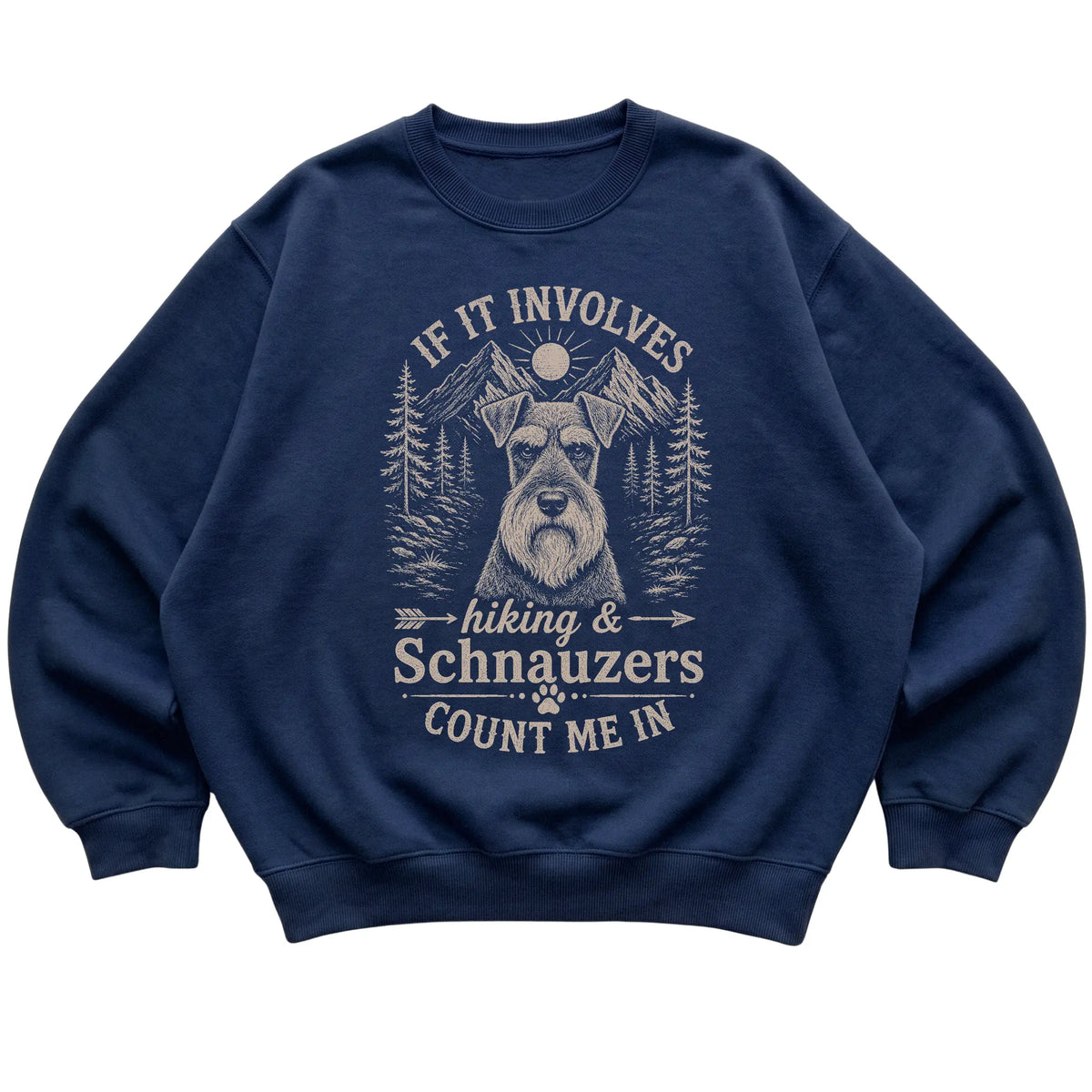 Navy Hiking and Schnauzers sweatshirt laid flat