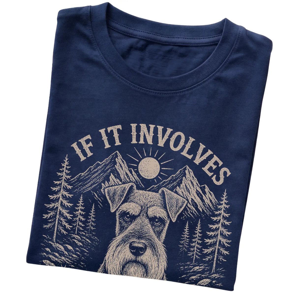 Navy Hiking and Schnauzers T-shirt folded to show the printed design