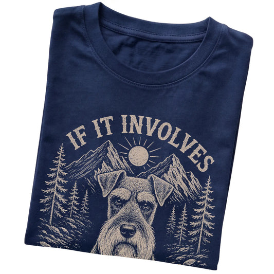 Navy Hiking and Schnauzers T-shirt folded to show the printed design