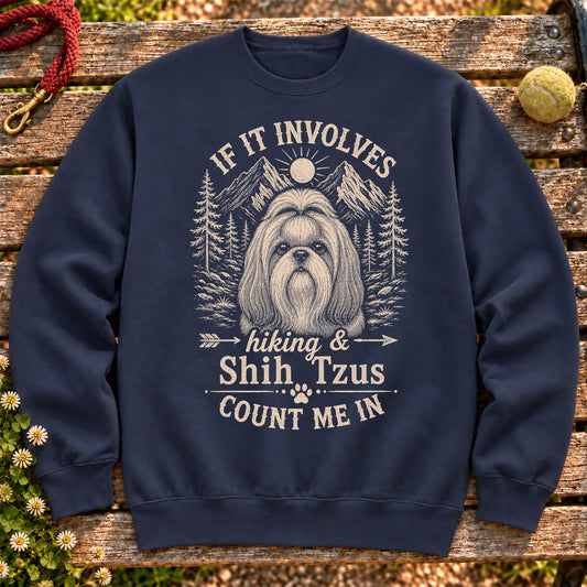 Shih Tzu Hiking and Shih Tzus on a Navy crewneck sweatshirt, shown flat
