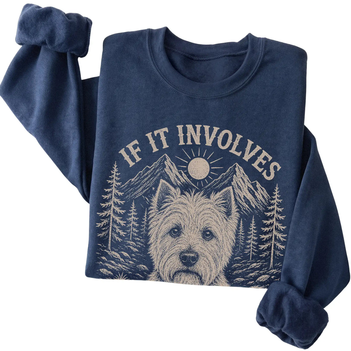 Navy Hiking and Westies sweatshirt folded to show the printed design