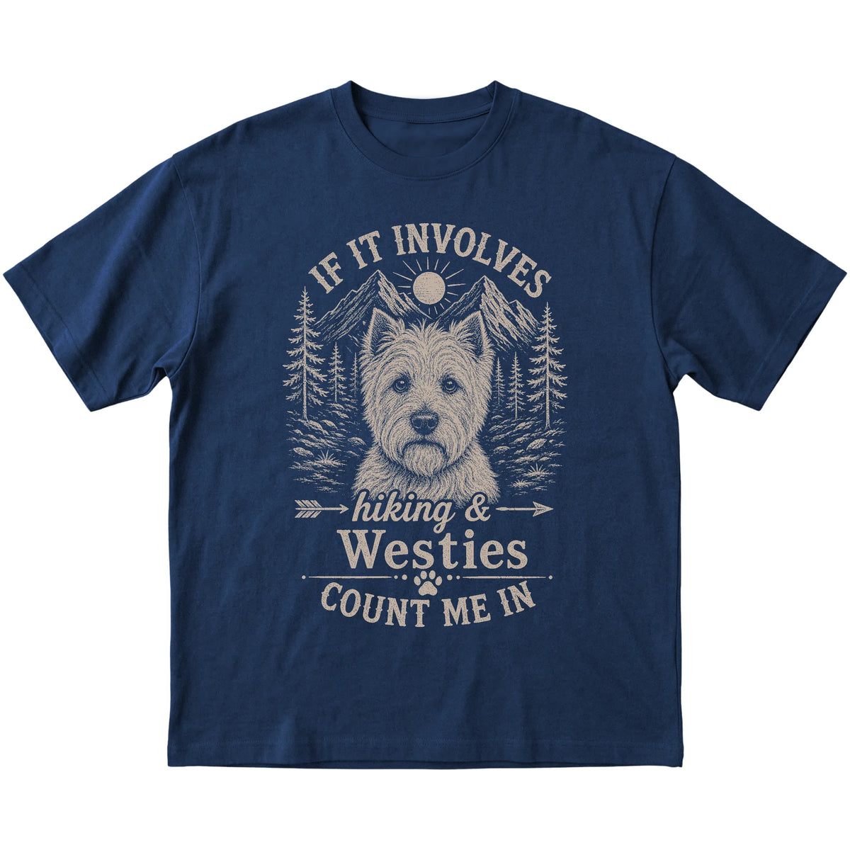 Navy Hiking and Westies T-shirt laid flat