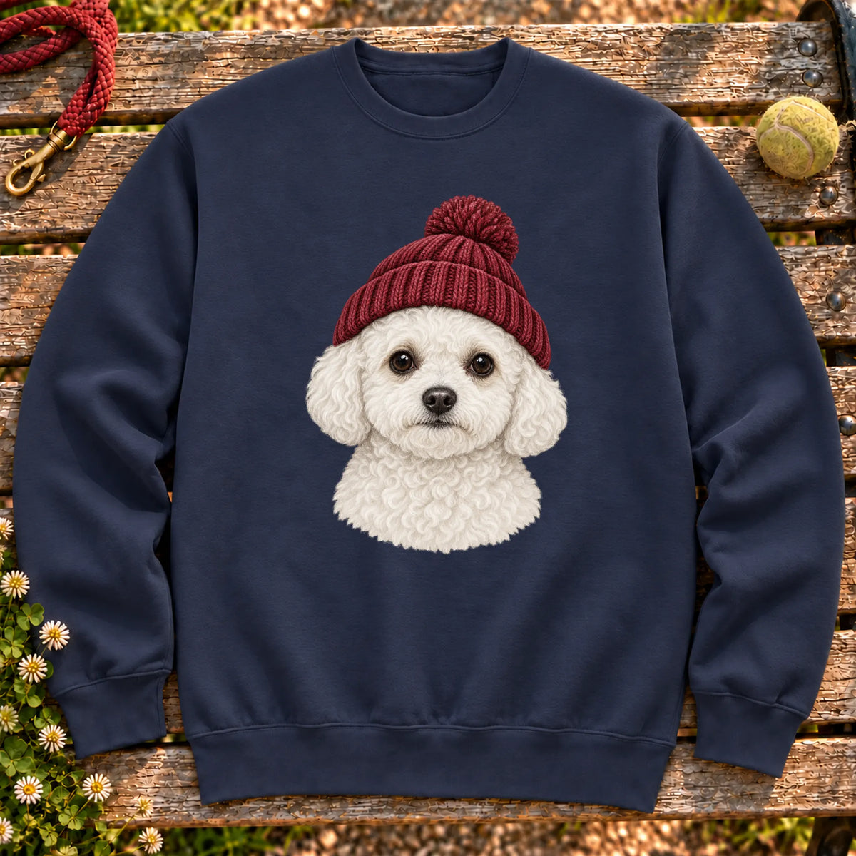 Navy Bichon Frise hipster sweatshirt with a dog portrait in a chunky maroon beanie
